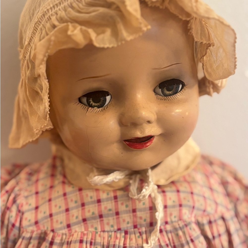 Vintage 1950s Effanbee Dy-Dee Baby Doll Drink & Wet Hard Plastic 15-18” Gingham